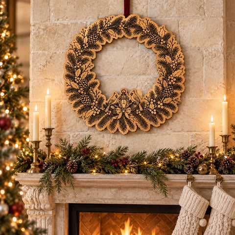 Cardinal Christmas Wreath Laser SVG | Lantern & Birds Door Hanger Cut File | Engraved Wood Christmas Sign | Glowforge xTool DXF EPS SVG HappyDesignStudio 