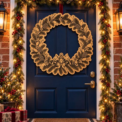 Cardinal Christmas Wreath Laser SVG | Lantern & Birds Door Hanger Cut File | Engraved Wood Christmas Sign | Glowforge xTool DXF EPS SVG HappyDesignStudio 