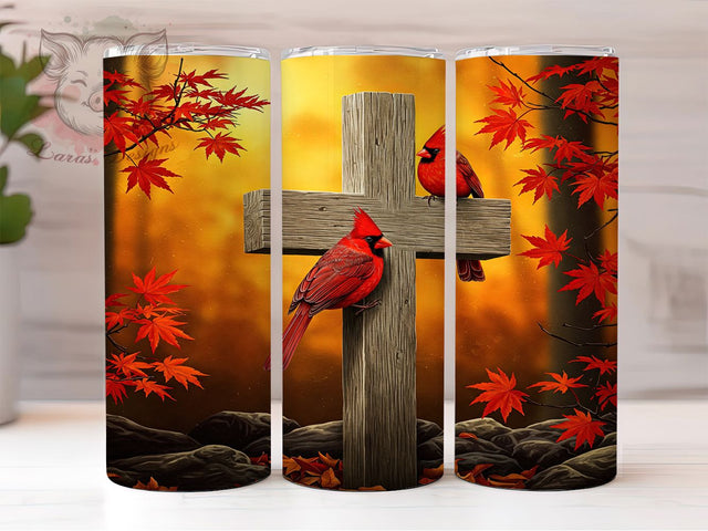 Cardinal Fall Cross Tumbler Wrap, Fall Cross Design, 20oz Sublimation Wrap, Autumn Scene Cup, Religious Bird Tumbler, Rustic Fall Tumbler, Inspirational Nature Design Sublimation Lara' s Designs 