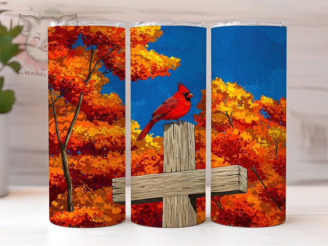 Cardinal Fall Cross Tumbler Wrap, Fall Cross Design, 20oz Sublimation Wrap, Autumn Scene Cup, Religious Bird Tumbler, Rustic Fall Tumbler, Inspirational Nature Design Sublimation Lara' s Designs 