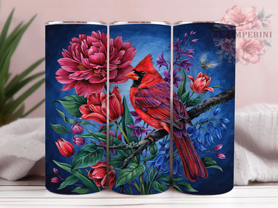 Cardinal Floral Art 20oz Tumbler, Red Cardinal, Northern Cardinal, Floral Arrangement, Whimsical Design, Festive Illustration, Skinny Tumbler, Sublimation PNG Sublimation Li Zamperini 