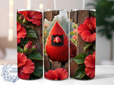 Cardinal Hibiscus Fence 20oz Tumbler, Cardinal Bird, Hibiscus Floral, Fence Design, Sublimation Wrap, 20oz Tumbler, Rustic Aesthetic, Nature Charm Sublimation ToriDesigns 
