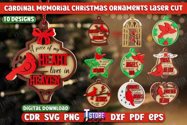 Cardinal Memorial Christmas Ornaments Bundle | Red Birds Memorial Ornament | Red Cardinals Christmas Memorial | Hanging Decor | CNC Files SVG The T Store Design 