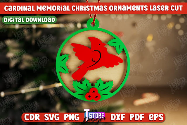Cardinal Memorial Christmas Ornaments | Christmas Tree Toy | Red Cardinals Christmas Memorial | Hanging Decor | CNC File SVG The T Store Design 