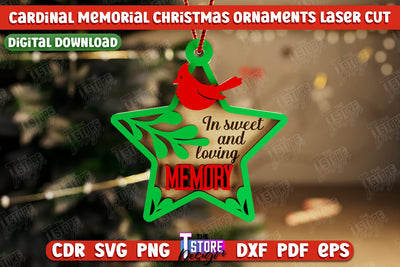 Cardinal Memorial Christmas Ornaments | Christmas Tree Toy | Red Cardinals Christmas Memorial | Hanging Decor | CNC File SVG The T Store Design 