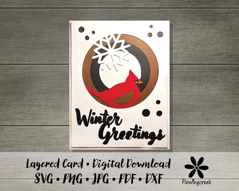 Cardinal Snowflake Winter Greeting Layered Holiday Card SVG Cut File 3D Paper Flowingcreek 