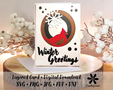 Cardinal Snowflake Winter Greeting Layered Holiday Card SVG Cut File 3D Paper Flowingcreek 