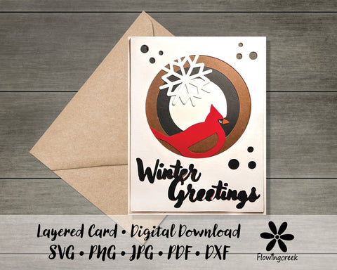 Cardinal Snowflake Winter Greeting Layered Holiday Card SVG Cut File 3D Paper Flowingcreek 