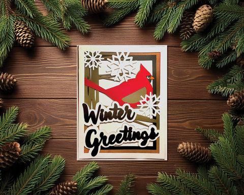 Cardinal, Tree, and Snowflakes Winter Greetings Layered Holiday Card SVG Cut File 3D Paper Flowingcreek 