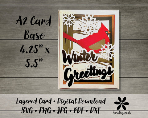 Cardinal, Tree, and Snowflakes Winter Greetings Layered Holiday Card SVG Cut File 3D Paper Flowingcreek 