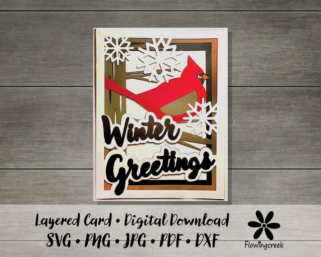 Cardinal, Tree, and Snowflakes Winter Greetings Layered Holiday Card SVG Cut File 3D Paper Flowingcreek 