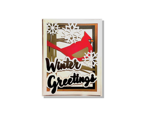 Cardinal, Tree, and Snowflakes Winter Greetings Layered Holiday Card SVG Cut File 3D Paper Flowingcreek 