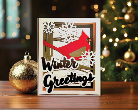 Cardinal, Tree, and Snowflakes Winter Greetings Layered Holiday Card SVG Cut File 3D Paper Flowingcreek 