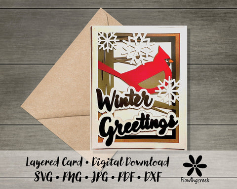 Cardinal, Tree, and Snowflakes Winter Greetings Layered Holiday Card SVG Cut File 3D Paper Flowingcreek 