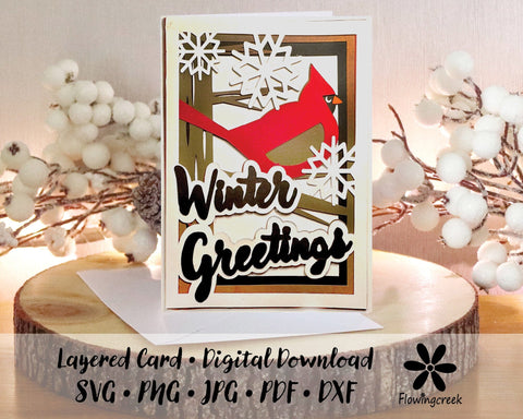 Cardinal, Tree, and Snowflakes Winter Greetings Layered Holiday Card SVG Cut File 3D Paper Flowingcreek 