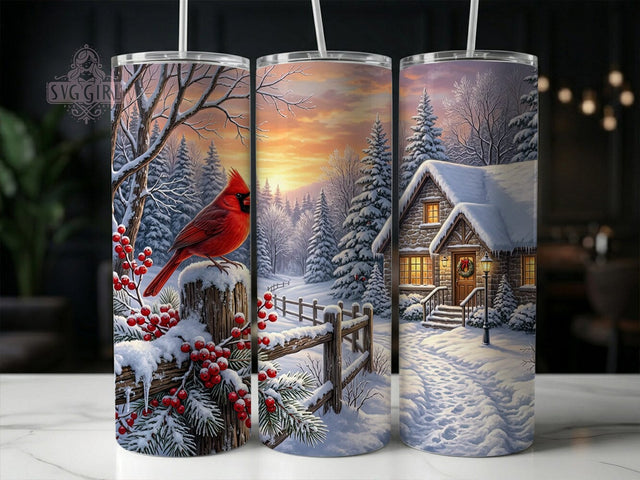 Cardinal Winter Cottage 20oz Tumbler, Cardinal Cottage, Winter Cottage, Cardinal Winter, Cardinal Tumbler, Winter Cardinal, Cardinal Cottage PNG, 20oz Tumbler Wrap Sublimation SvggirlplusArt 