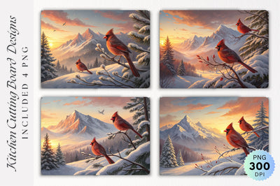 Cardinals at Sunset Over Snowy Mountains Cutting Board Sublimation Regulrcrative 
