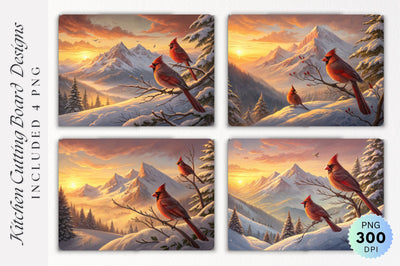 Cardinals at Sunset Over Snowy Mountains Cutting Board Sublimation Regulrcrative 
