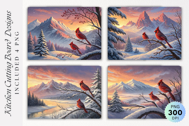 Cardinals at Winter Sunset with Frosty Peaks Cutting Board Sublimation Regulrcrative 