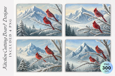 Cardinals Frosty Branch with Snowy Mountains Cutting Board Sublimation Regulrcrative 