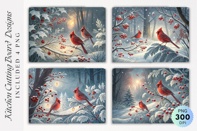 Cardinals in a Whimsical Snowy Forest with Frost and Red Berries Cutting Board Sublimation Regulrcrative 