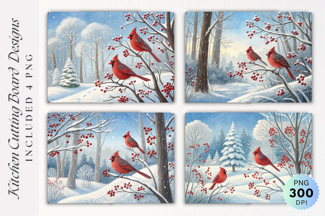 Cardinals in a Whimsical Snowy Forest with Glittering Red Berries Cutting Board Sublimation Regulrcrative 