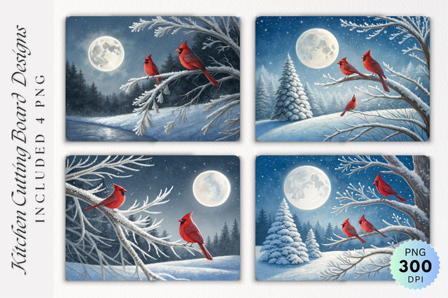 Cardinals on a Frosted Branch under a Winter Moon Cutting Board Sublimation Regulrcrative 
