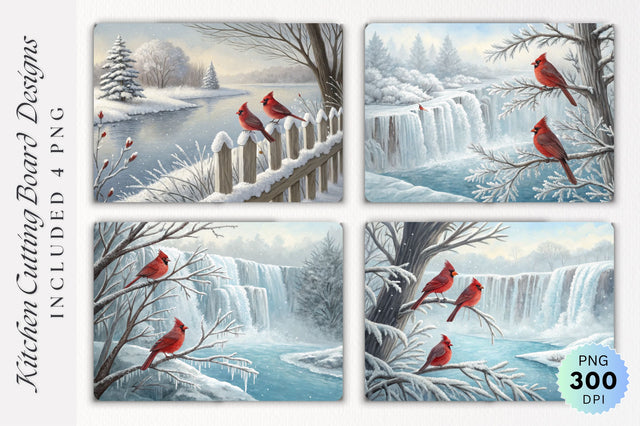 Cardinals on a Frosty Branch by a Frozen Waterfall Cutting Board Sublimation Regulrcrative 