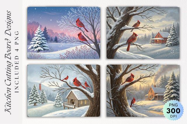 Cardinals on a Snowy Tree with Rustic Cabin Cutting Board Sublimation Regulrcrative 