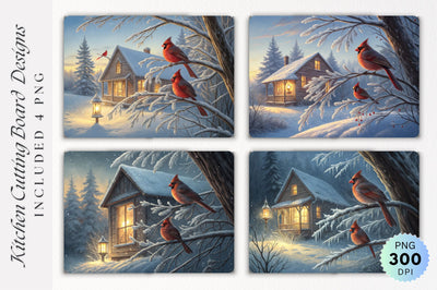 Cardinals on Frosted Branch by a Snowy Cabin with Glowing Lantern Cutting Board Sublimation Regulrcrative 