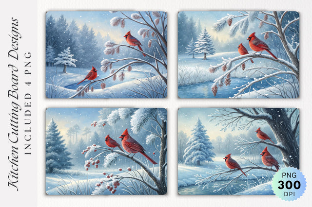 Cardinals on Frosted Branches Winter Wonderland Cutting Board Sublimation Regulrcrative 