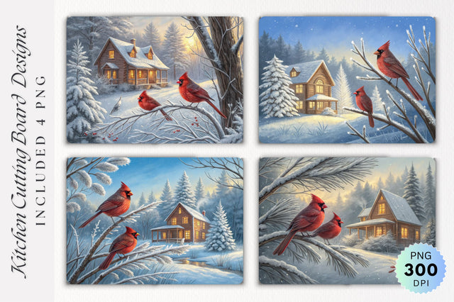 Cardinals on Frosted Twigs by a Cozy Log Cabin in Snowy Woodland Cutting Board Sublimation Regulrcrative 