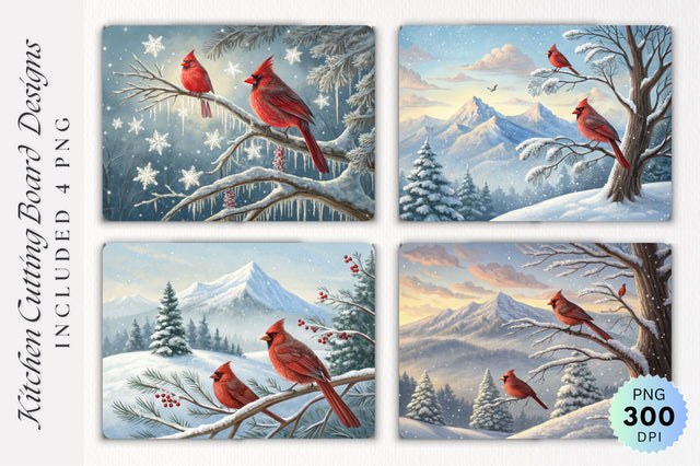 Cardinals Resting in a Snowy Wonderland with Mountain View Cutting Board Sublimation Regulrcrative 