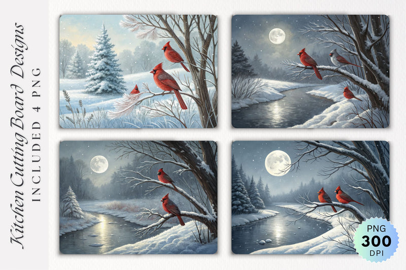 Cardinals Winter Moonlit Stream Cutting Board Sublimation Regulrcrative 