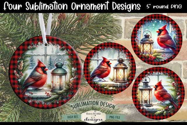 Cardinals with Lanterns Christmas Ornament Designs PNG Files Sublimation Ewe-N-Me Designs 