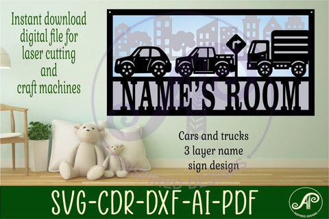 Cars and trucks layered design name sign svg laser cut SVG APInspireddesigns 