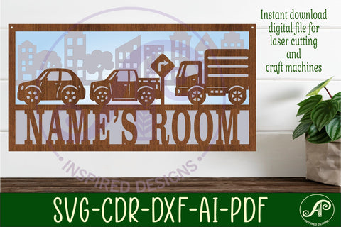 Cars and trucks layered design name sign svg laser cut SVG APInspireddesigns 