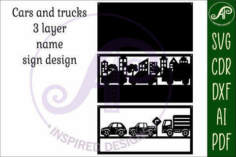 Cars and trucks layered design name sign svg laser cut SVG APInspireddesigns 