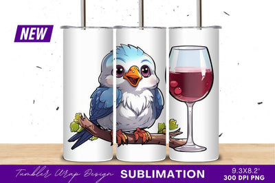 Cartoon bird holding wine glass tumbler png Sublimation Regulrcrative 