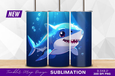 Cartoon blue shark swimming underwater tumbler png Sublimation Regulrcrative 