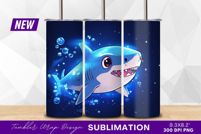 Cartoon blue shark with bubbles tumbler png Sublimation Regulrcrative 