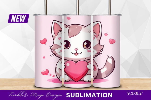Cartoon cat holding heart valentines day tumbler png Sublimation Regulrcrative 