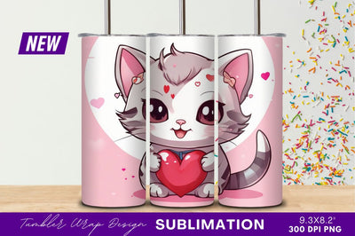 Cartoon cat holding heart valentines day tumbler png Sublimation Regulrcrative 