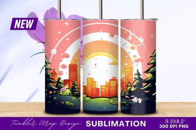 Cartoon Cityscape With Rainbow And Pine Trees Sublimation Regulrcrative 