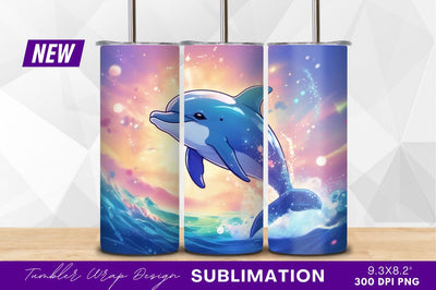 Cartoon dolphin jumping water colorful sky tumbler Sublimation Regulrcrative 