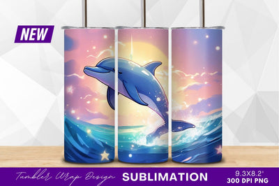 Cartoon dolphin leaping at sunset tumbler png Sublimation Regulrcrative 