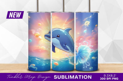 Cartoon dolphin swimming among jellyfish tumbler png Sublimation Regulrcrative 