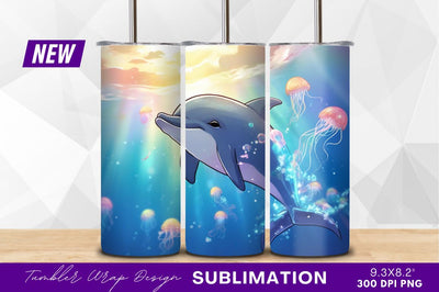 Cartoon dolphin swimming with jellyfish tumbler png Sublimation Regulrcrative 