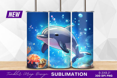 Cartoon dolphin underwater scene tumbler png Sublimation Regulrcrative 