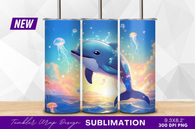 Cartoon dolphin with jellyfish ocean sunset Sublimation Regulrcrative 
